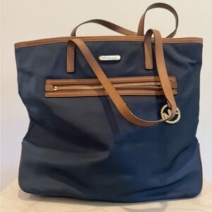 Michael Kors Blue and Brown Tote Bag with Leather Accents